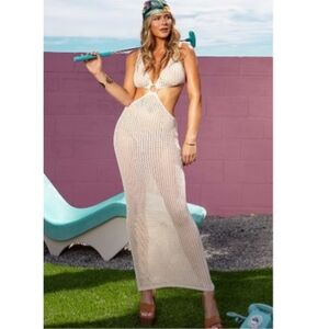 Cupshe x JoJo Plunging Crochet Cutout Midi Dress Beach Cover Up NWT Size S